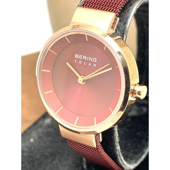 Bering Women's Watch 14627-363 Solar Rose Gold Red Mesh Steel Band 27mm - Picture 12 of 13